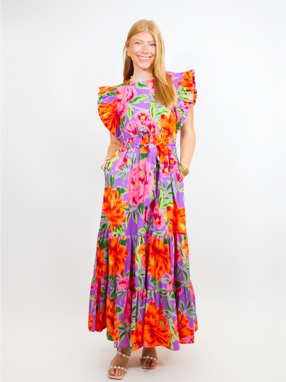 Peach Love California Perfect Pick Lander Purple Floral Ruffle Sleeve Maxi Dress